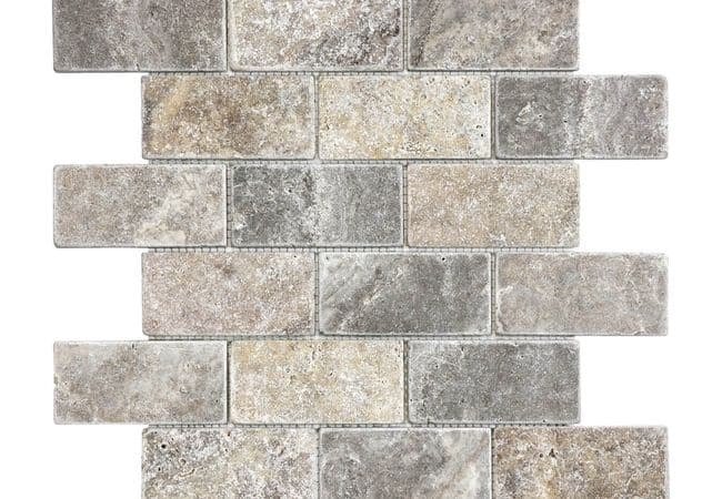 Anatolia Tile Silver Ash Travertine 2 x 4 Brick Mosaic Tumbled Natural Stone — Anatolia Tile & Stone