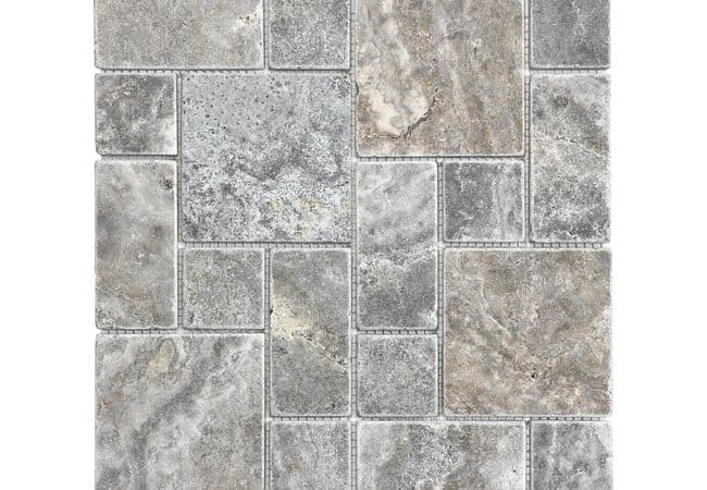 Anatolia Tile Silver Ash Travertine Roman Pattern Mosaic Tumbled Natural Stone — Anatolia Tile & Stone