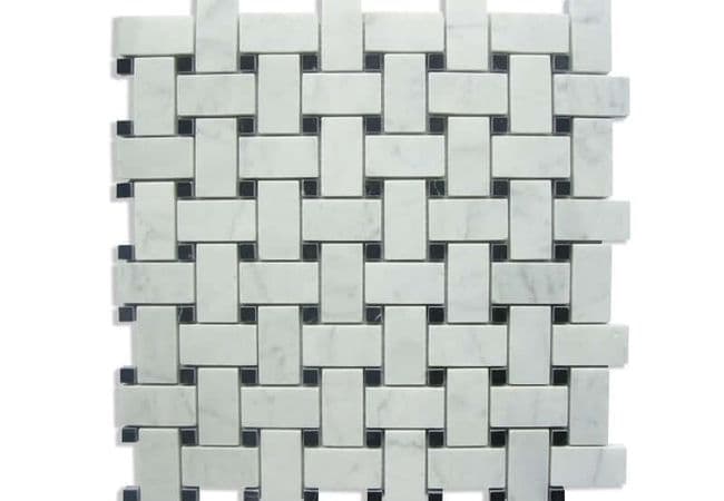 DZN 2STM001 Carrara with Black Dots Basketweave Polished Marble Mosaics, DZN Mosaics