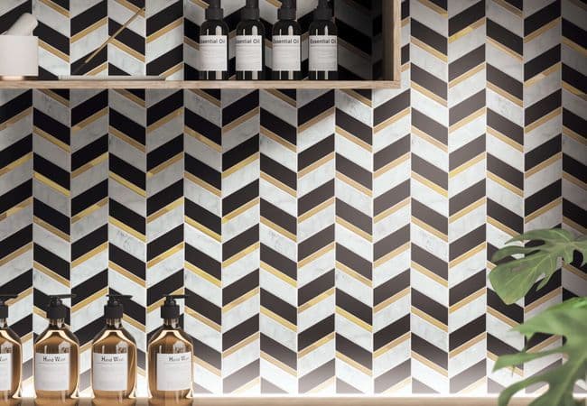 Neshada Tile Aerial Black and Carrara w/Gold Chevron Mosaic, Neshada Tile & Stone