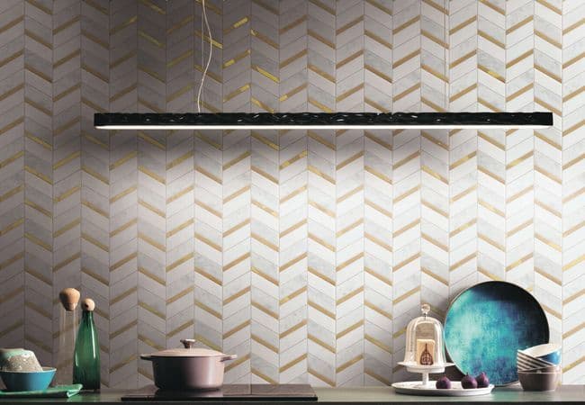 Neshada Tile Aerial White and Carrara w/Gold Chevron Mosaic, Neshada Tile & Stone