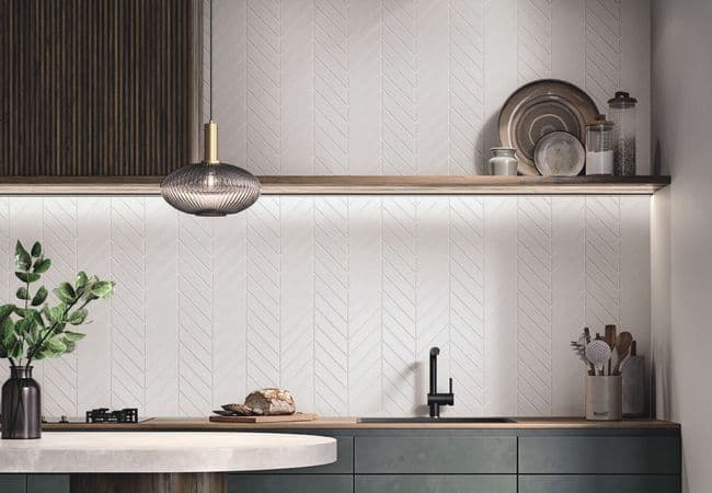 Neshada Tile Baleno White Gloss Chevron 2" x 7" Porcelain Mosaic, Neshada Tile & Stone