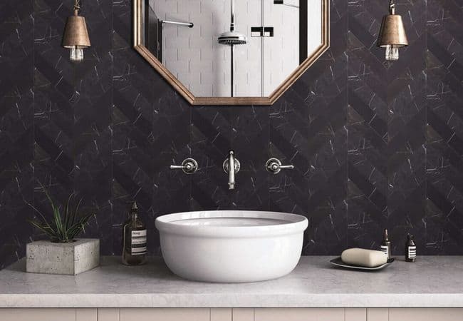 Neshada Tile Nero Marquina Chevron 2" x 8" Honed Marble Mosaic, Neshada Tile & Stone