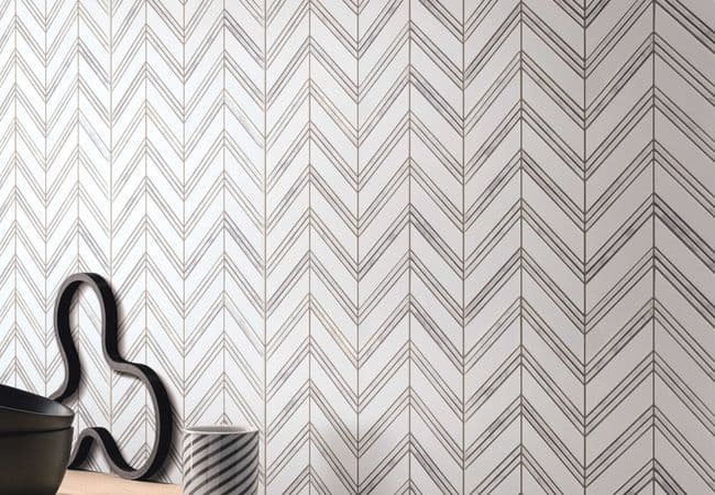 Neshada Tile Thassos Chevron w/Carrara Trim Polished Marble Mosaic, Neshada Tile & Stone