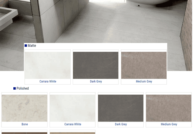 Olympia Eterna Matte and Polished Porcelain Tiles Color: Bone, Carrara White, Dark Grey, Medium Grey, Pulpis Brown, Taupe Size: 24x24 12x24, Olympia Tile