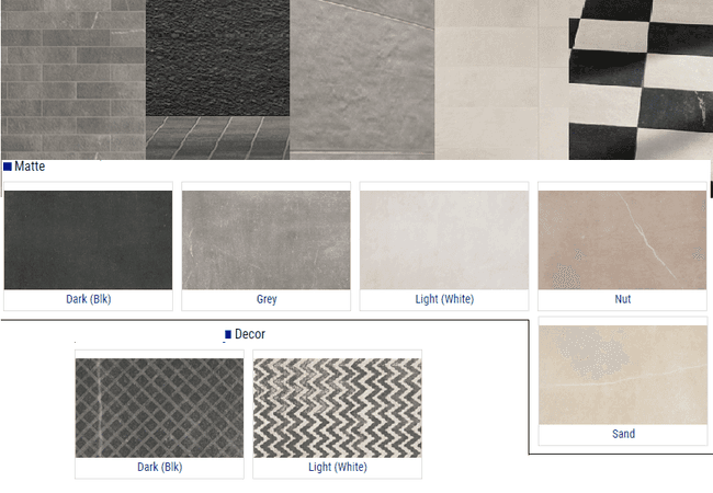 Olympia Maku Matte, Textured, Decor Porcelain Tiles Color: Dark Black, Grey, Light White, Nut, Sand Size: 8x8 12x24, Olympia Tile