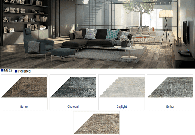 Olympia Noon Matte & Polished Wood Look Porcelain Tiles Color: Burnet, Charcoal, Daylight, Ember, Honey Size: 8x48, Olympia Tile